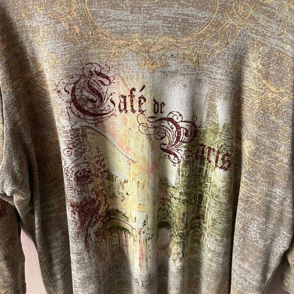 Vintage Gloria Banderbilt Y2K Café de Paris Printed 3/4 Sleeve Shirt Size 2X EUC - Picture 5 of 10
